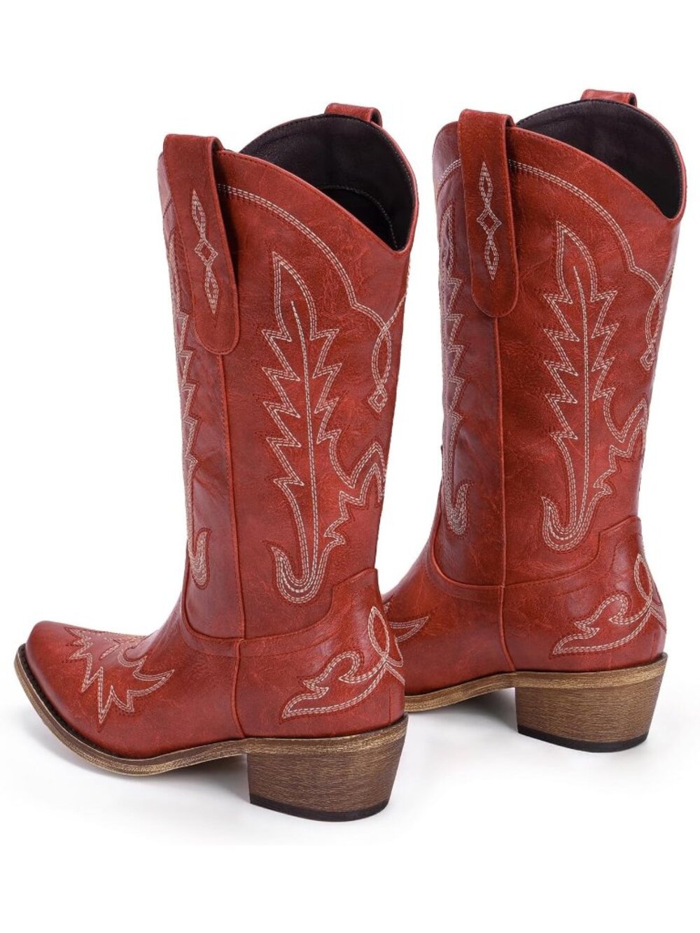 Women Red (PU) Pull-on Cowgirl Embroider Chunky Heel Pointed Toe Boot - Picture 4 of 4